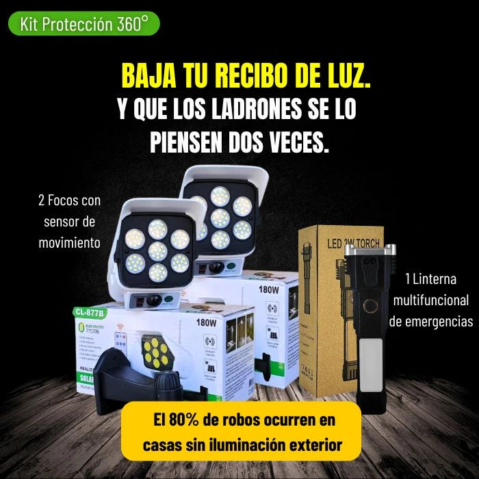 **** KIT PROTECCIÓN 360 **** 2 FOCOS SOLARES + 1 LINTERNA APRUEBA DE TODO