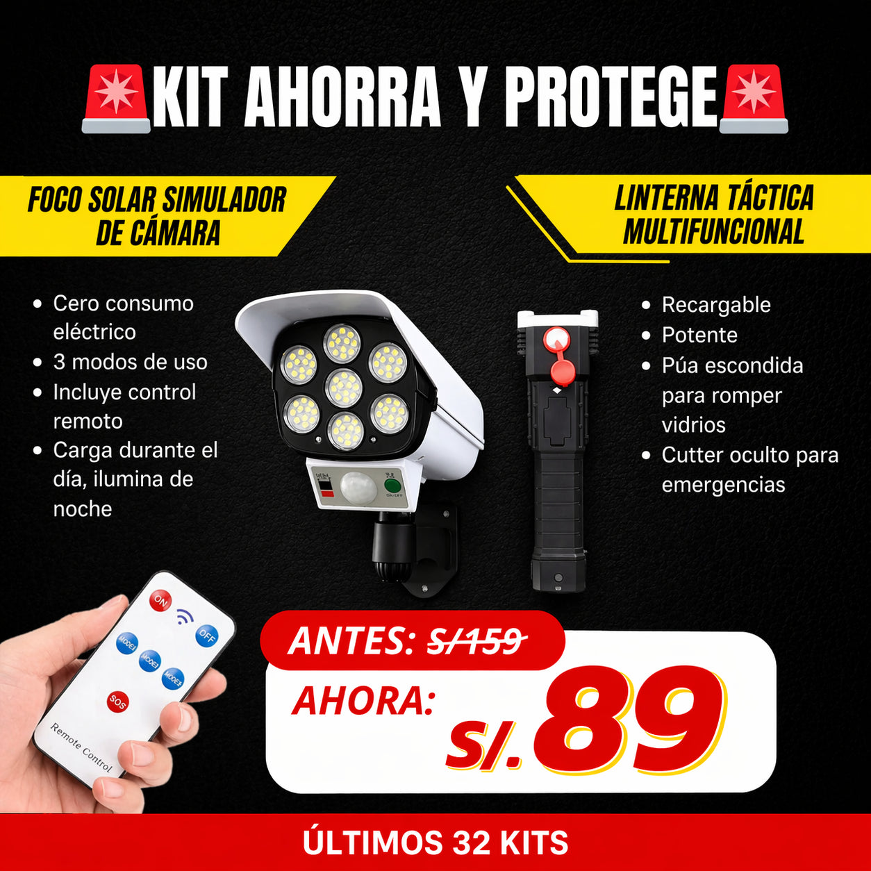 **** KIT PROTECCIÓN 360 **** 2 FOCOS SOLARES + 1 LINTERNA APRUEBA DE TODO